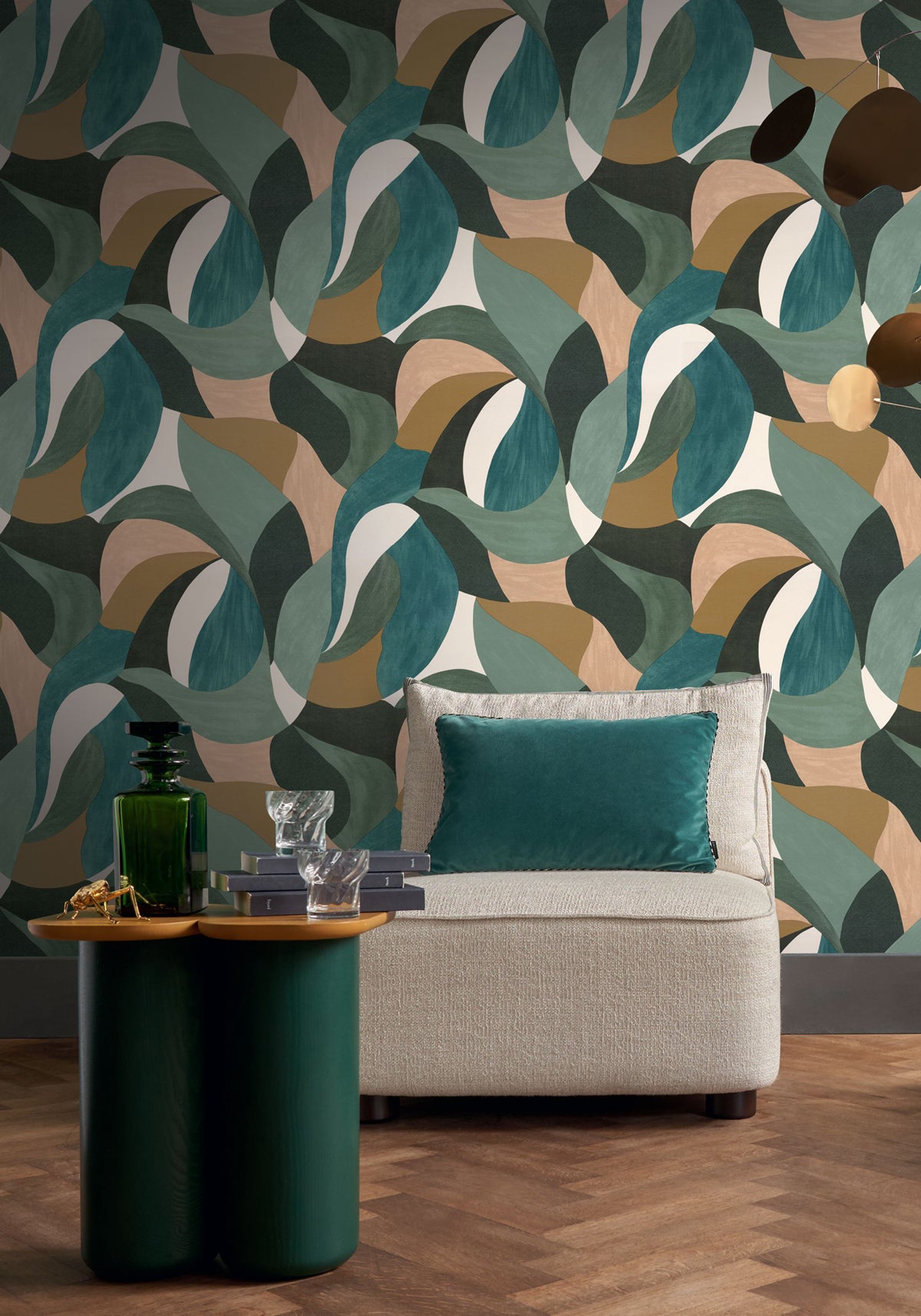 Mandorla wallpaper by Casamance in Green – Cypress & Bronze, styled room shot