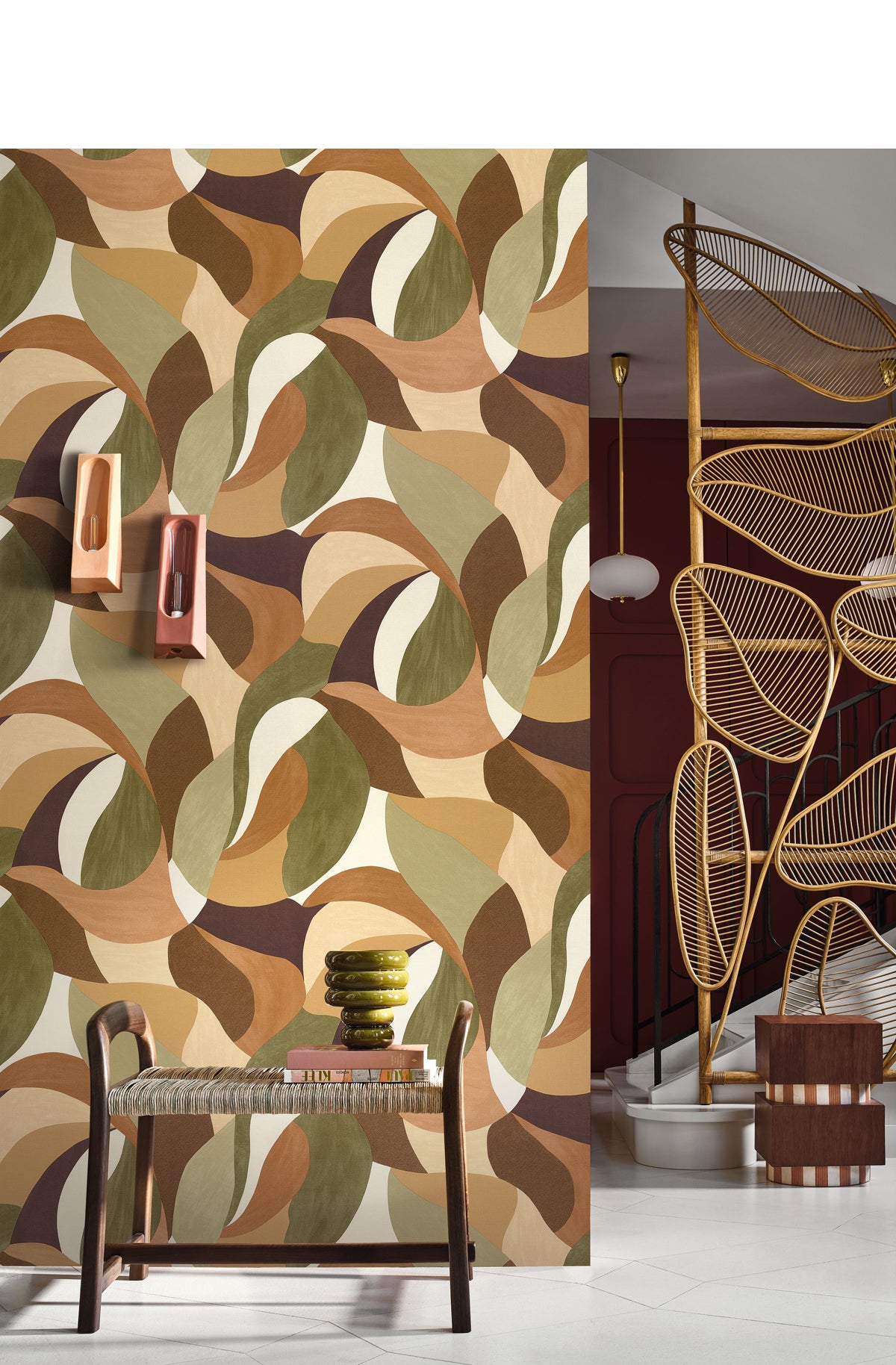 Mandorla wallpaper by Casamance in Green – Khaki & Sienna, styled room shot