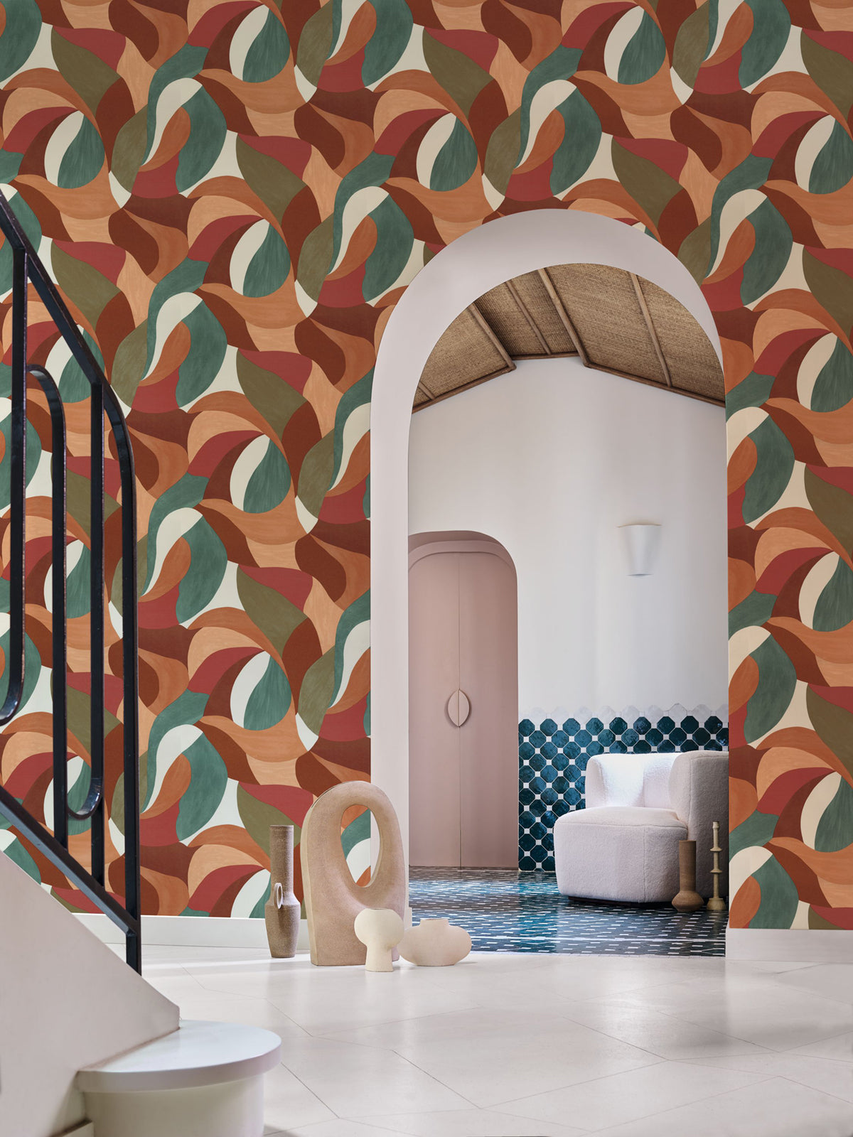 Mandorla wallpaper by Casamance in Orange – Imperial Green, styled room shot