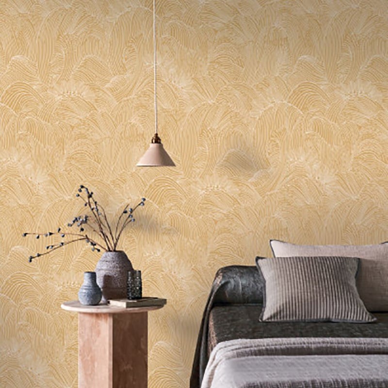 Marée haute wallpaper by Casamance in Yellow – Honey, styled room shot