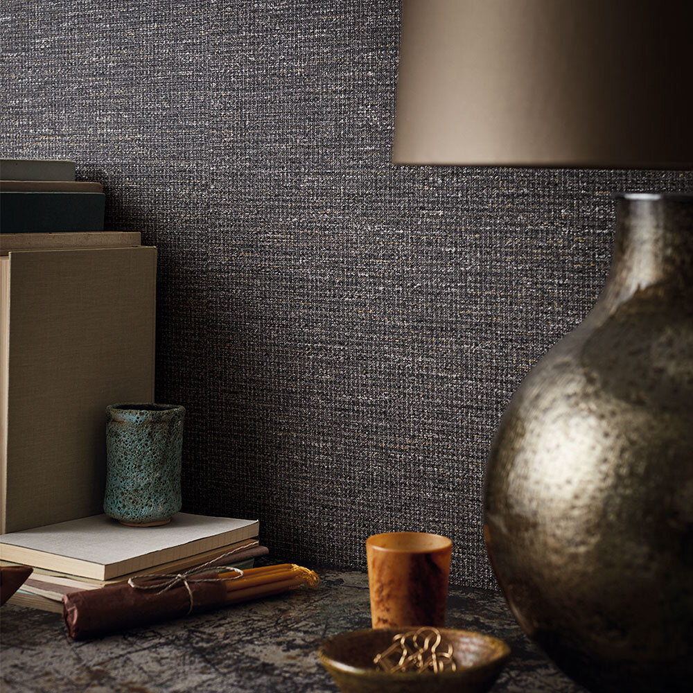 Mendel wallpaper by Romo in Grey – Charcoal, styled room shot