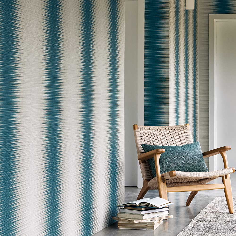 Mianzi wallpaper by Romo in Teal, styled room shot