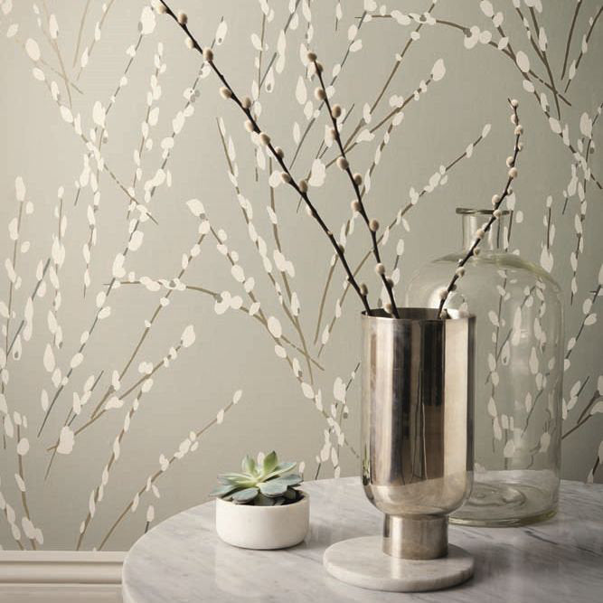 Mikado wallpaper by Romo in Grey – Fog, styled room shot