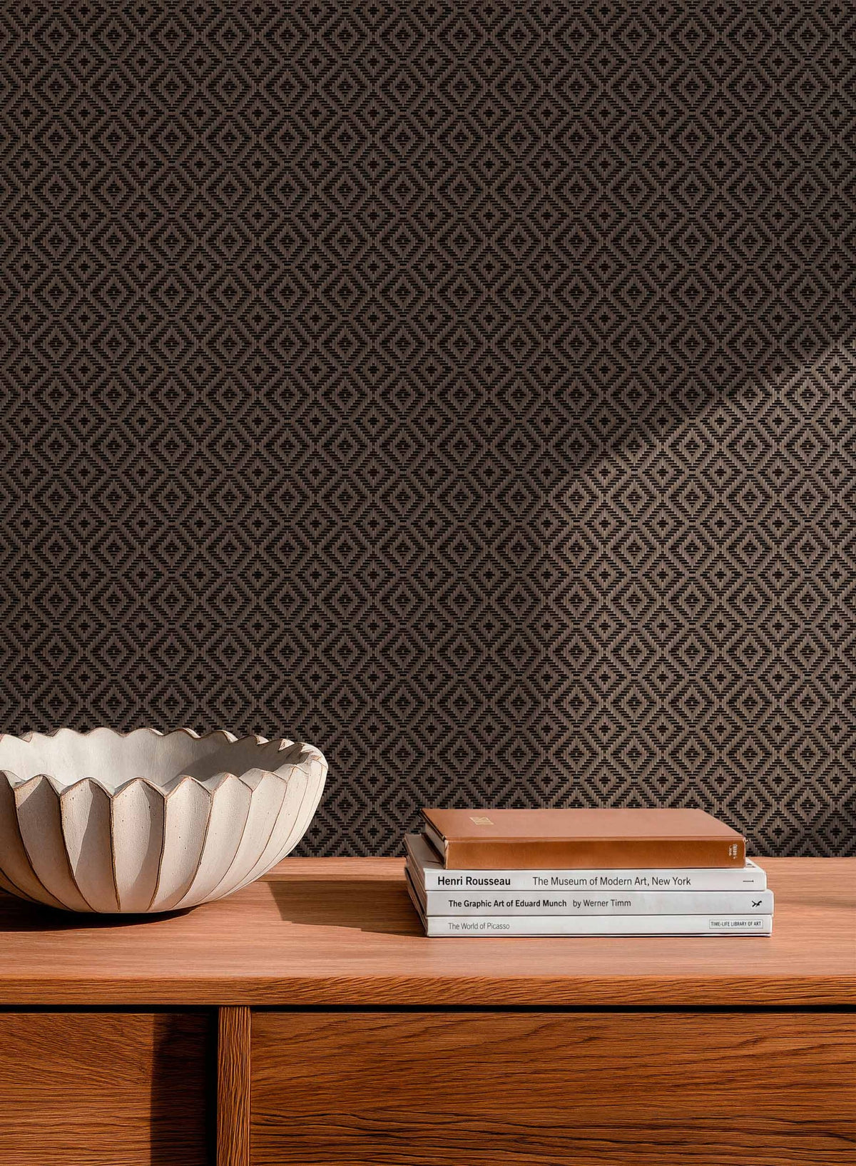 Mimbre wallpaper by Coordonné in Brown, styled room