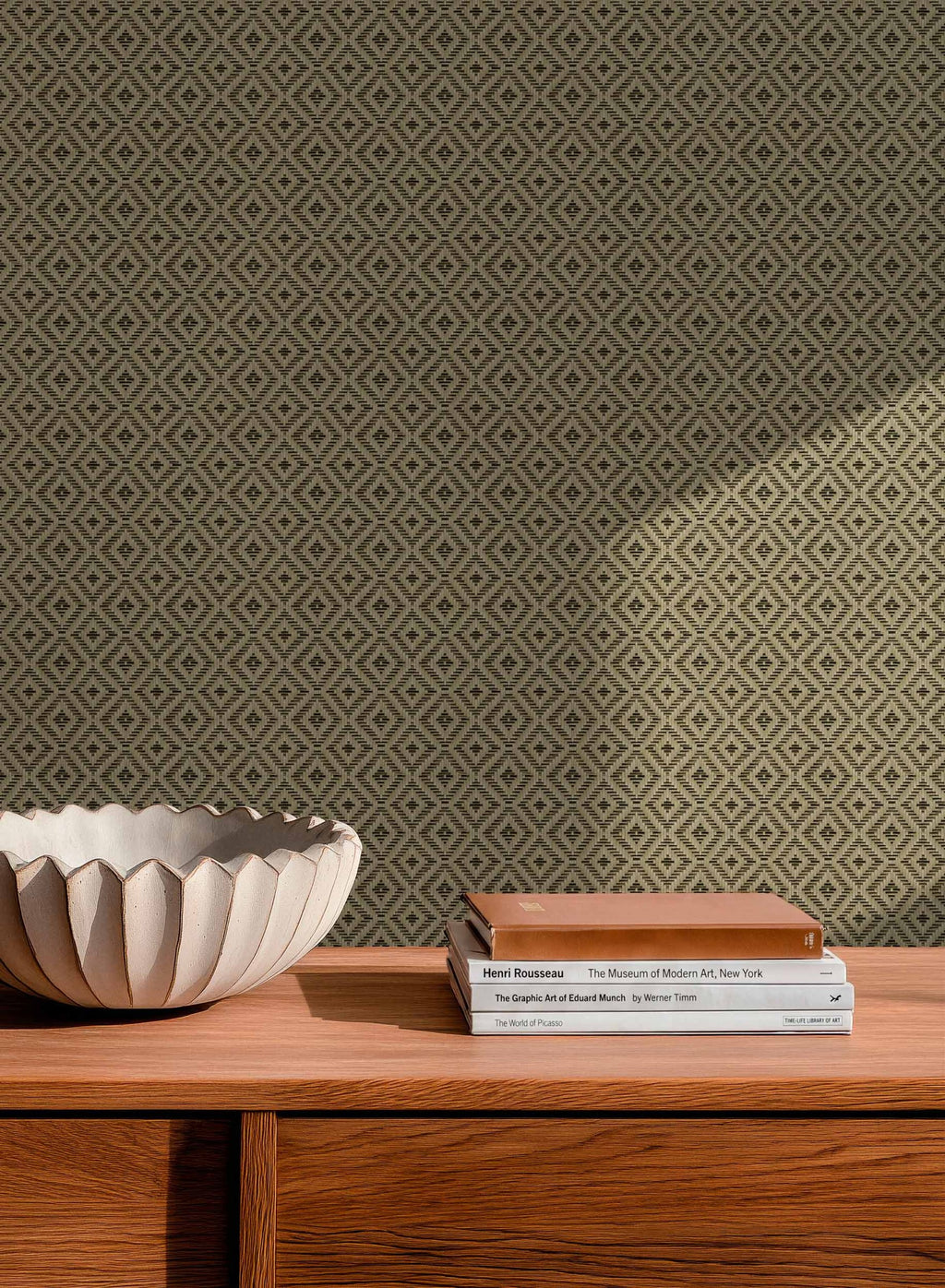 Mimbre wallpaper by Coordonné in Green, styled room