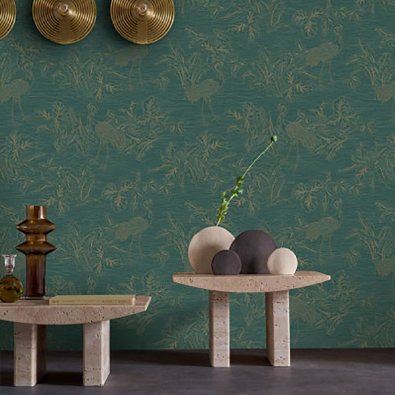 Mirador wallpaper by Casamance in Green – Cypress & Gold, styled room shot
