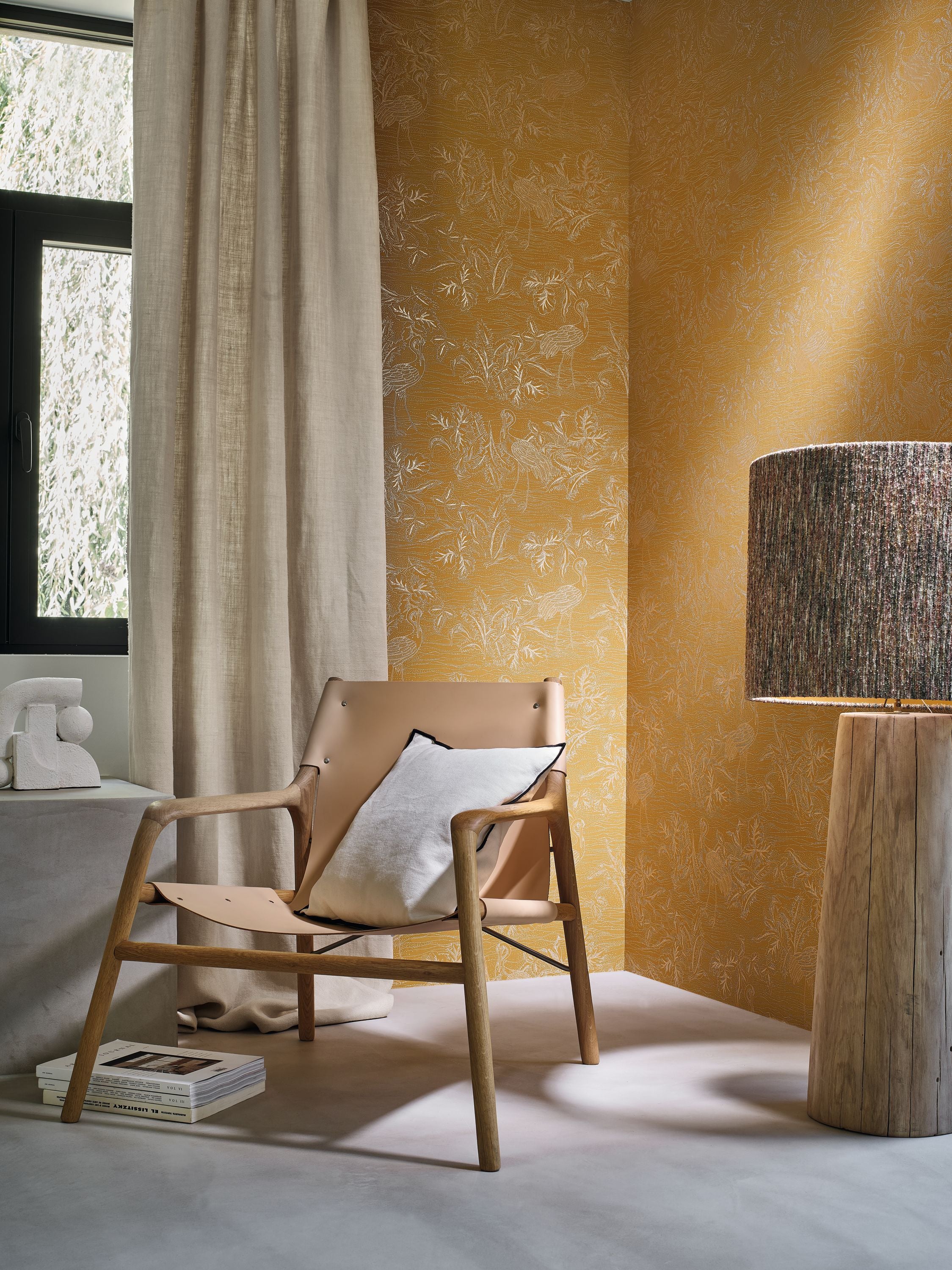 Mirador wallpaper by Casamance in Yellow – Ochre, styled room shot