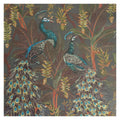 Royal Peacock wallpaper by Catherine Martin in sepia, teal peacocks with jewelled tails on a warm grey ground, close-up