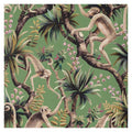 Monkey Business wallpaper by Catherine Martin in ming green, monkeys climbing vines with pink blossoms, close-up swatch