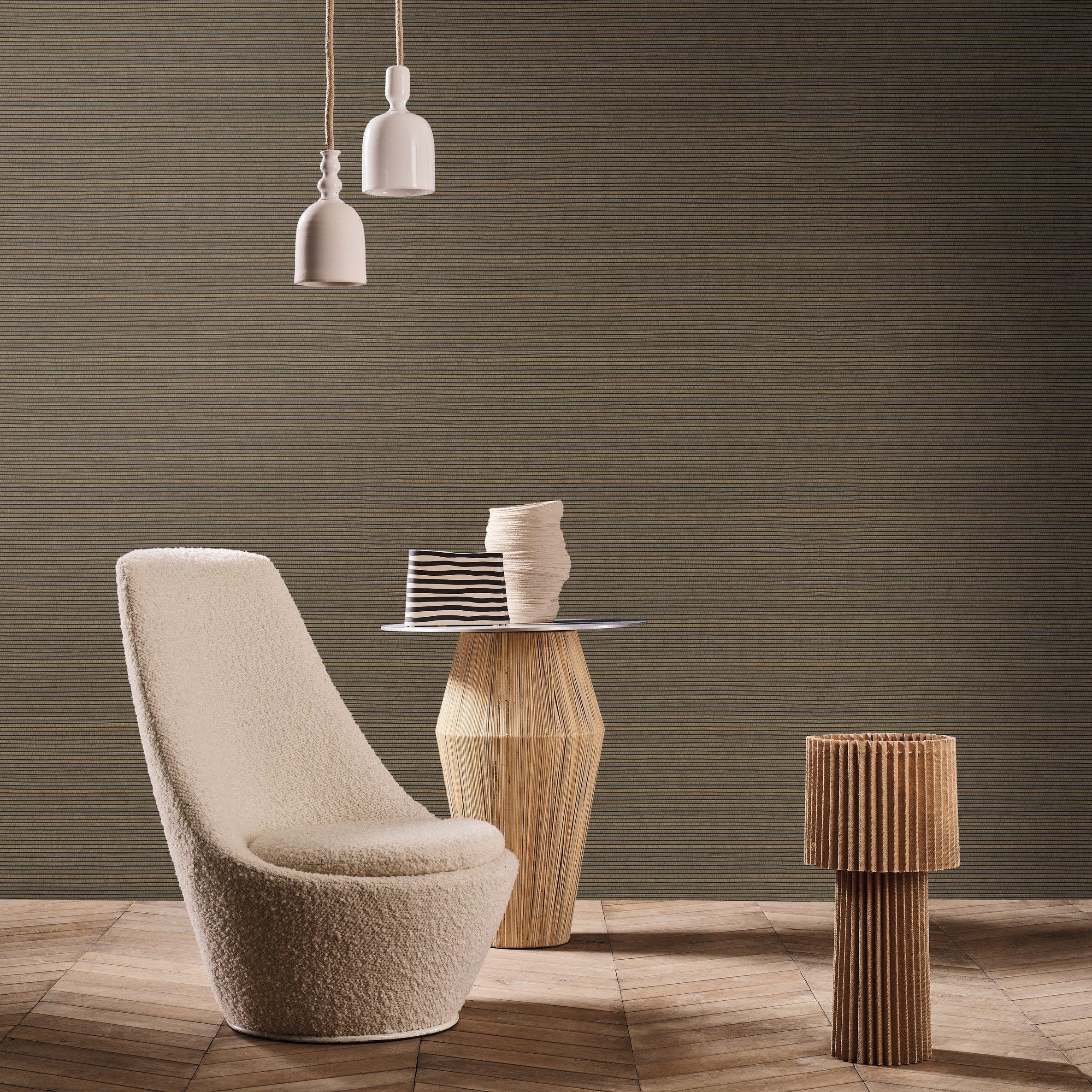 Pandan wallpaper by Casamance in Brown – Ash Grey, styled room shot