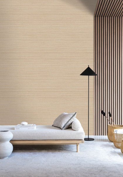 Pandan wallpaper by Casamance in Yellow – Straw, styled room shot
