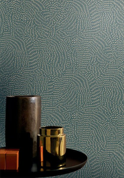 Passy wallpaper by Casamance in Green – Dark Verdigris & Beige, styled room shot