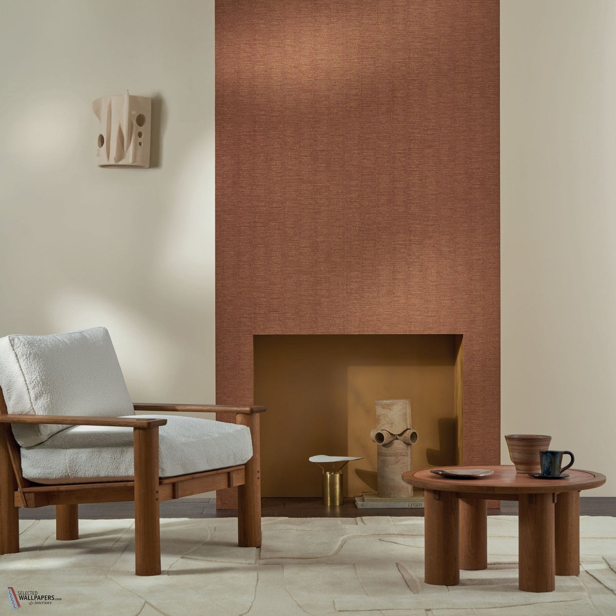 Platinum wallpaper by Casamance in Brown – Copper, styled room shot