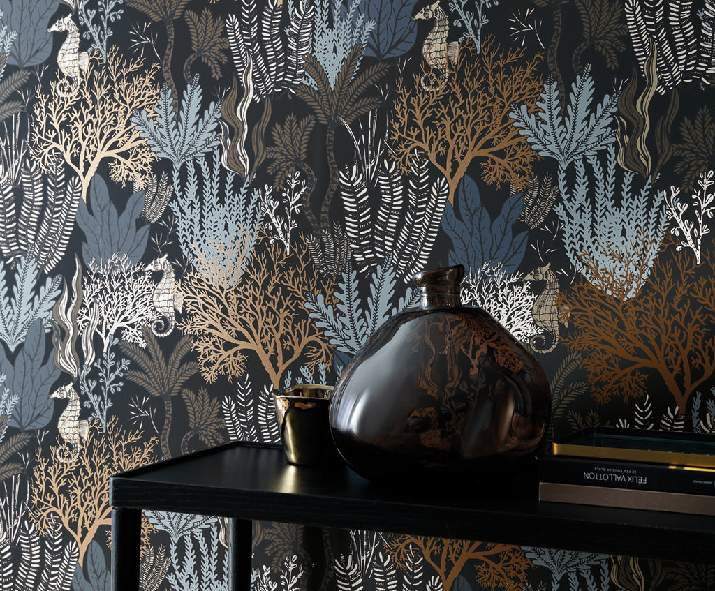 Posidonie wallpaper by Casamance in Black, styled room shot