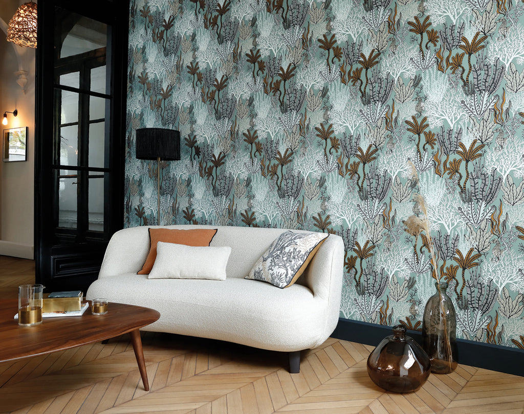Posidonie wallpaper by Casamance in Green – Celadon, styled room shot