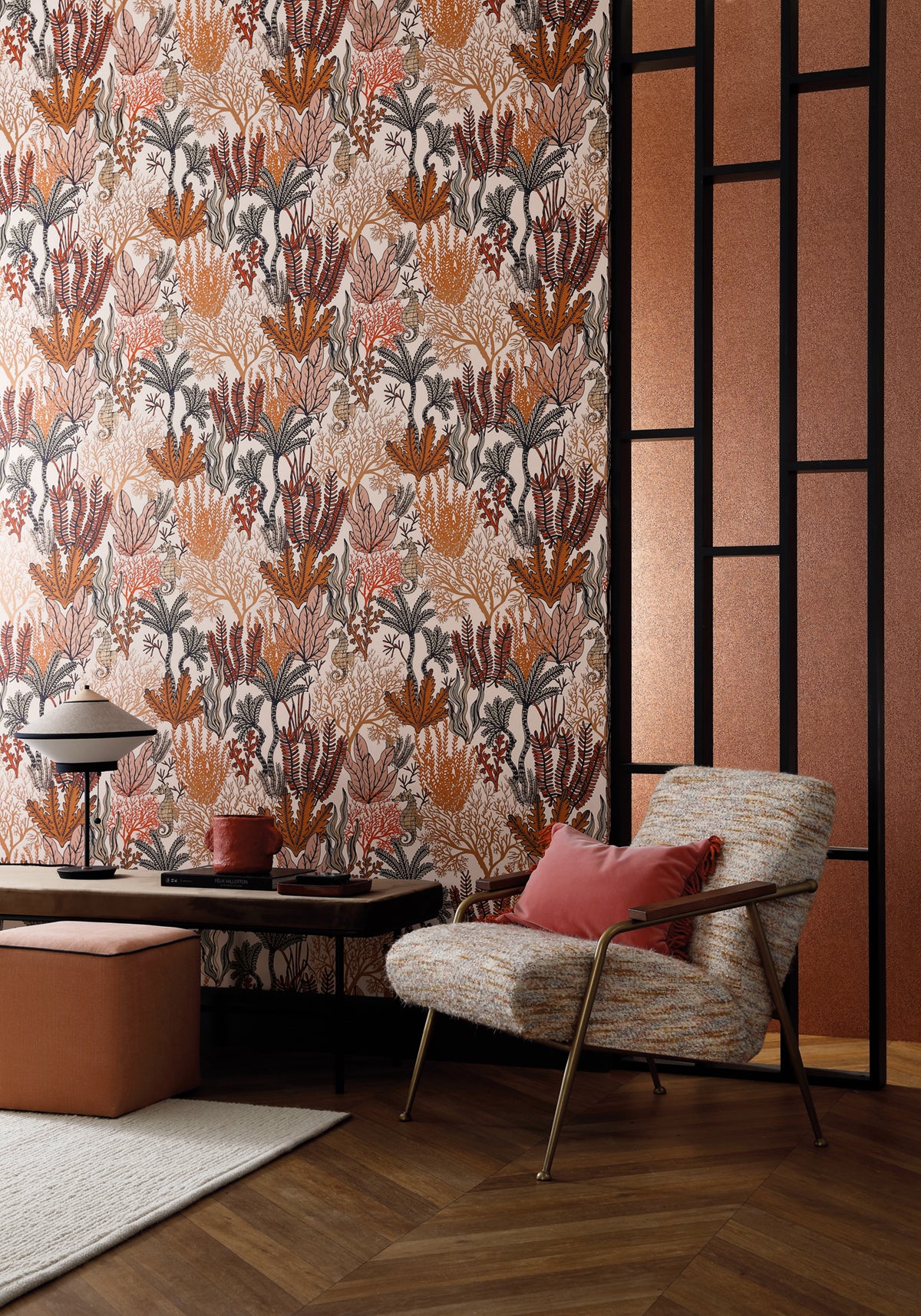 Posidonie wallpaper by Casamance in Orange – Terracotta, styled room shot