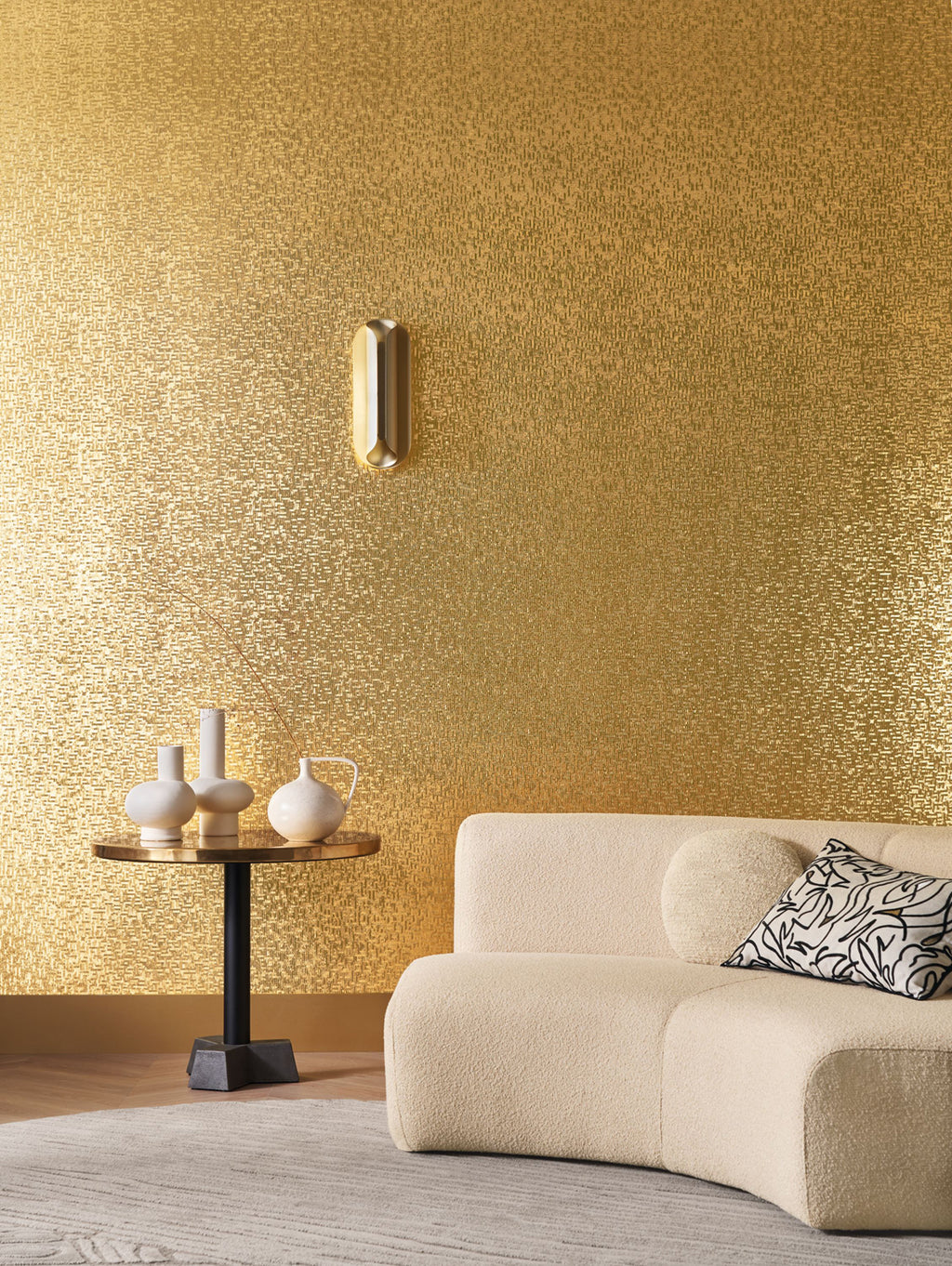 Pyrite wallpaper by Casamance in Gold, styled room shot