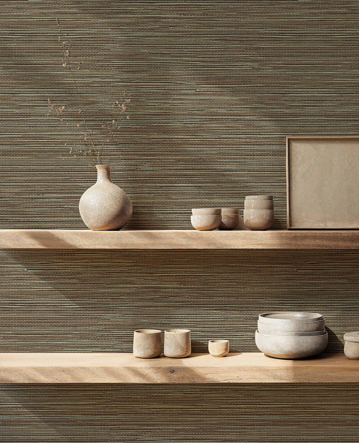Ratán wallpaper by Coordonné in Light Brown, styled room