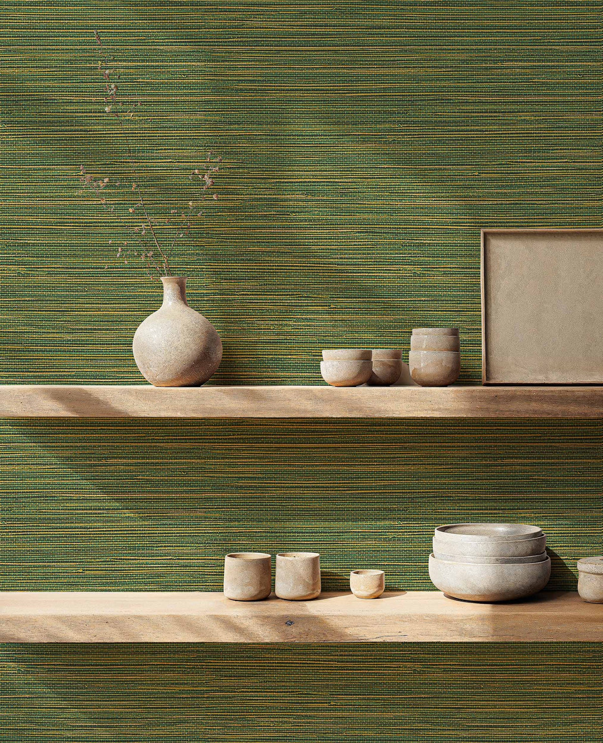 Ratán wallpaper by Coordonné in Green, styled room