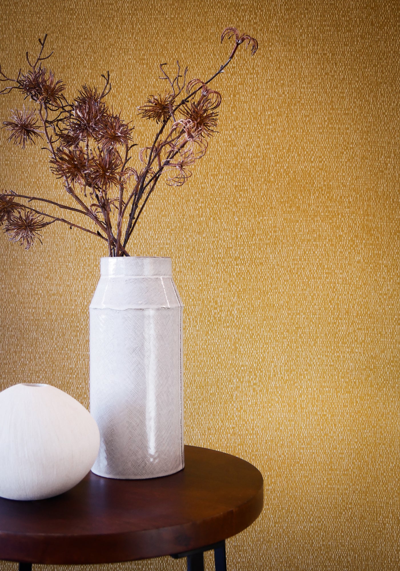 Roseau wallpaper by Casamance in Yellow – Mustard, styled room shot