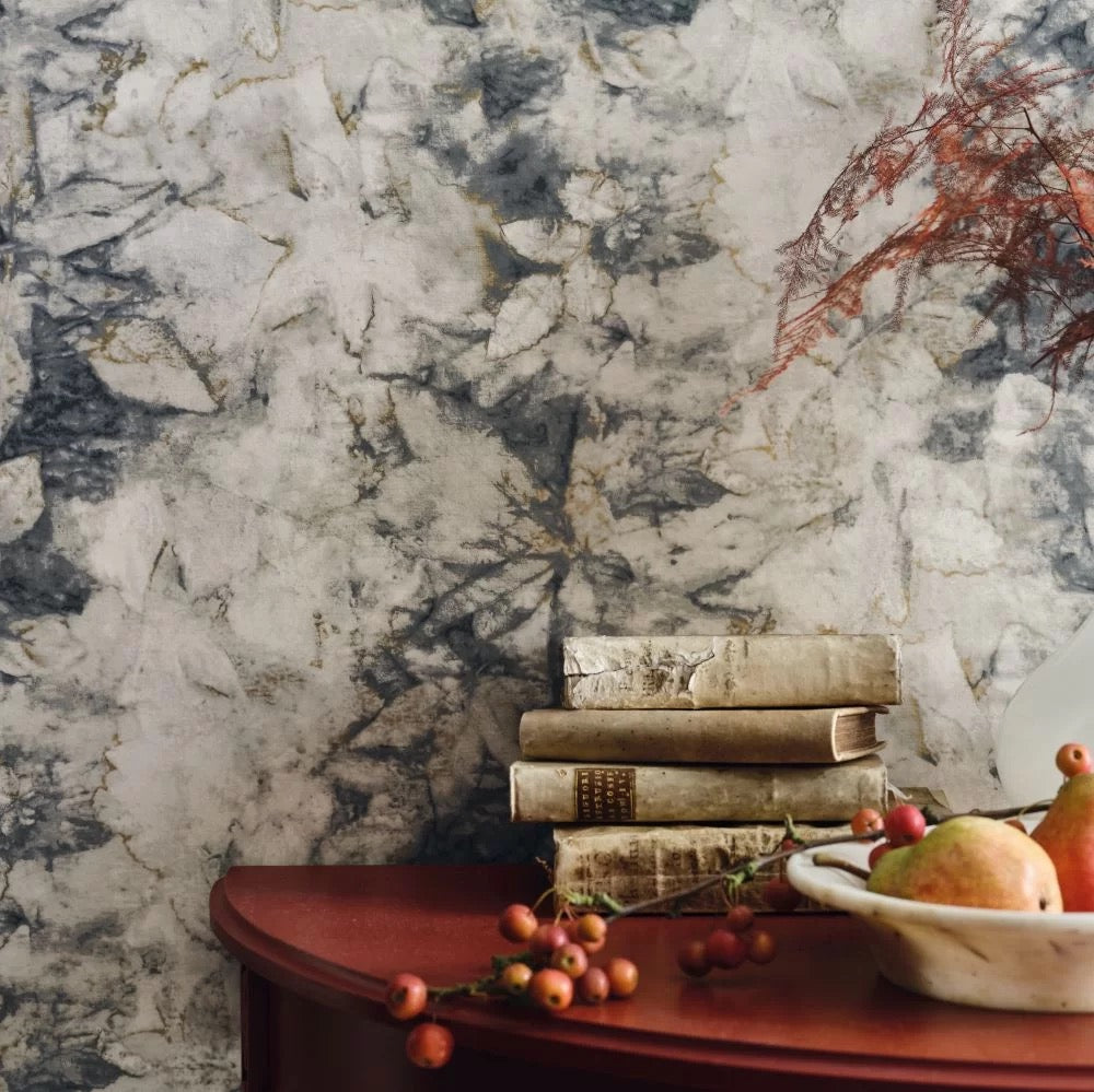 Sarita wallpaper by Romo in Grey – Shadow, styled room shot