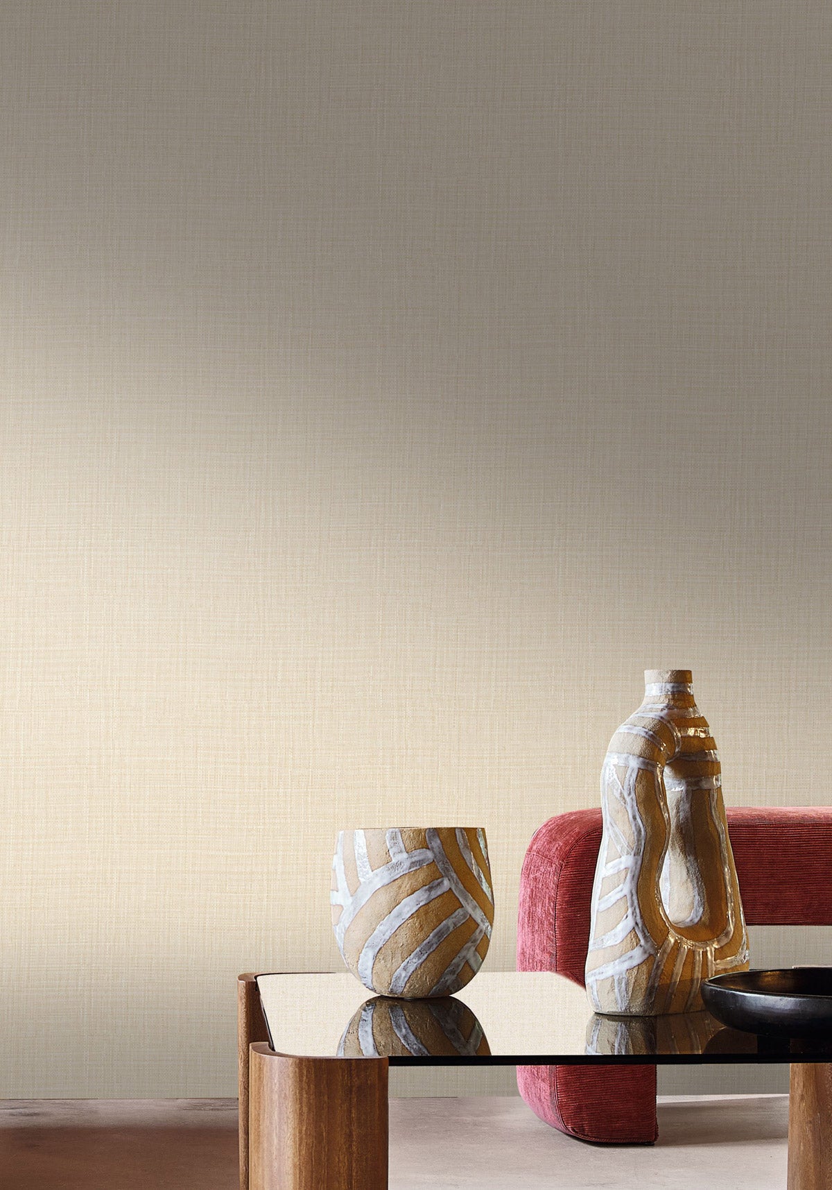 Sierra wallpaper by Casamance in Beige – Sand, styled room shot