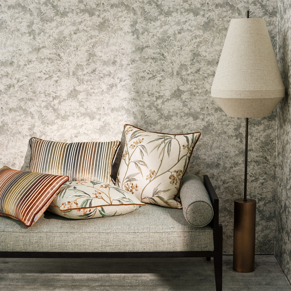 Sikora wallpaper by Romo in Grey – Quartzite, styled room shot