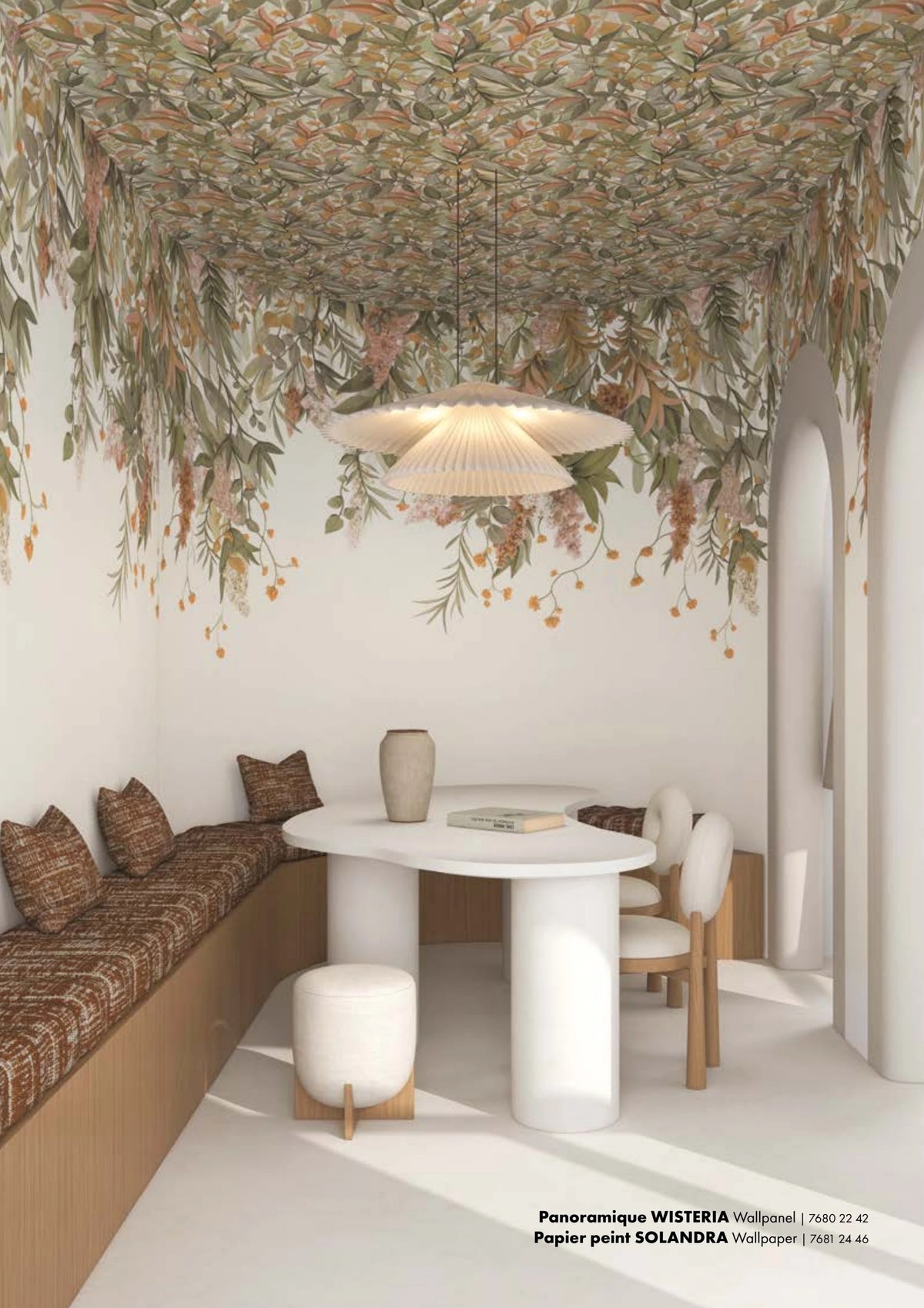 Solandra wallpaper by Casamance in Cream – Ivory & Almond Green, styled room shot
