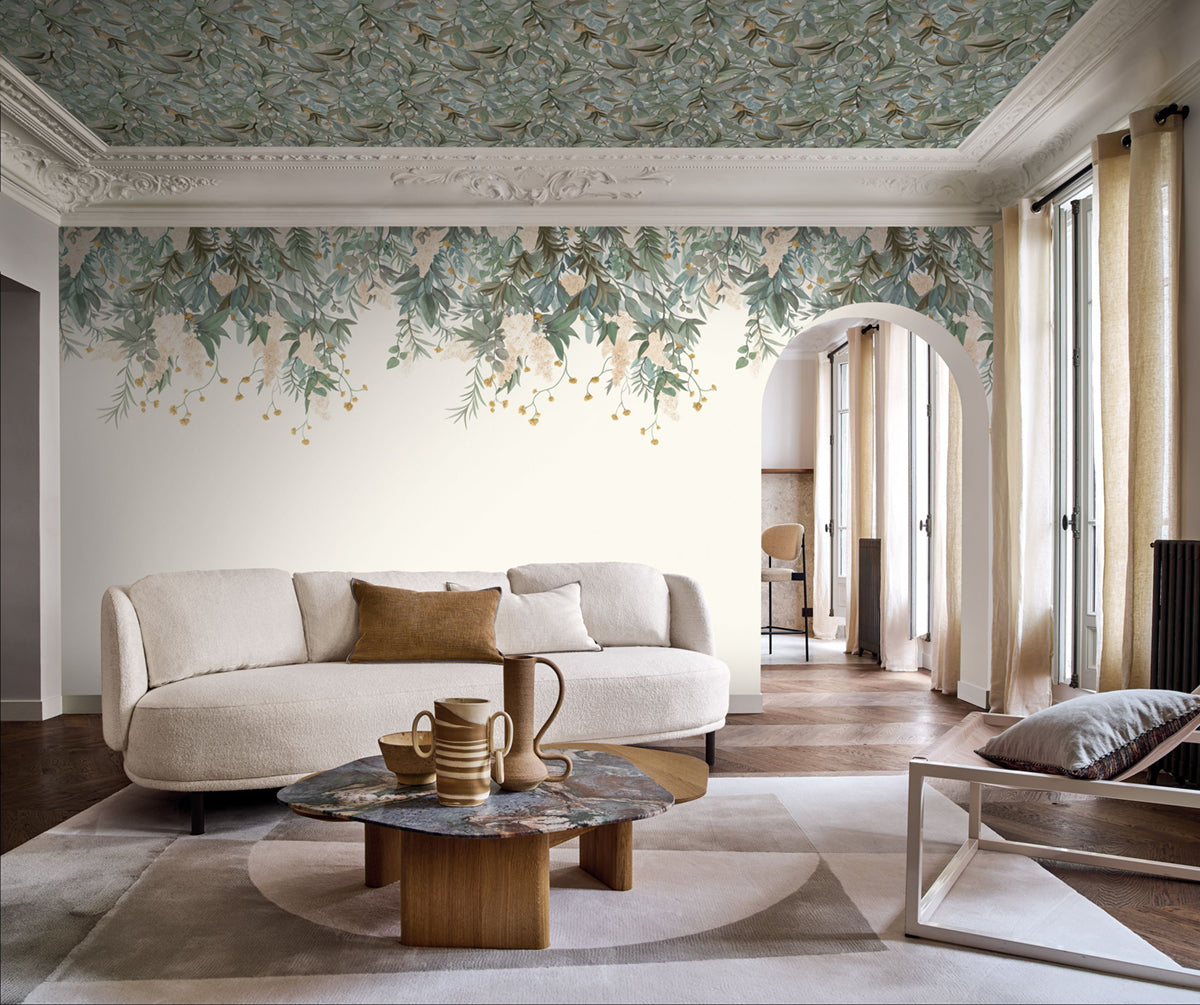 Solandra wallpaper by Casamance in Cream – Ivory & Celadon, styled room shot