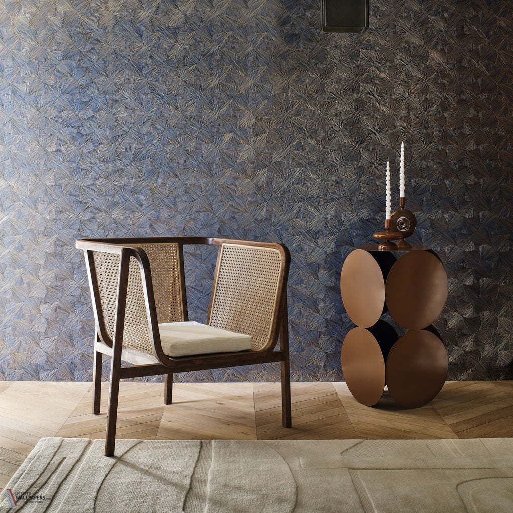 Songket wallpaper by Casamance in Grey – Storm & Gold, styled room shot