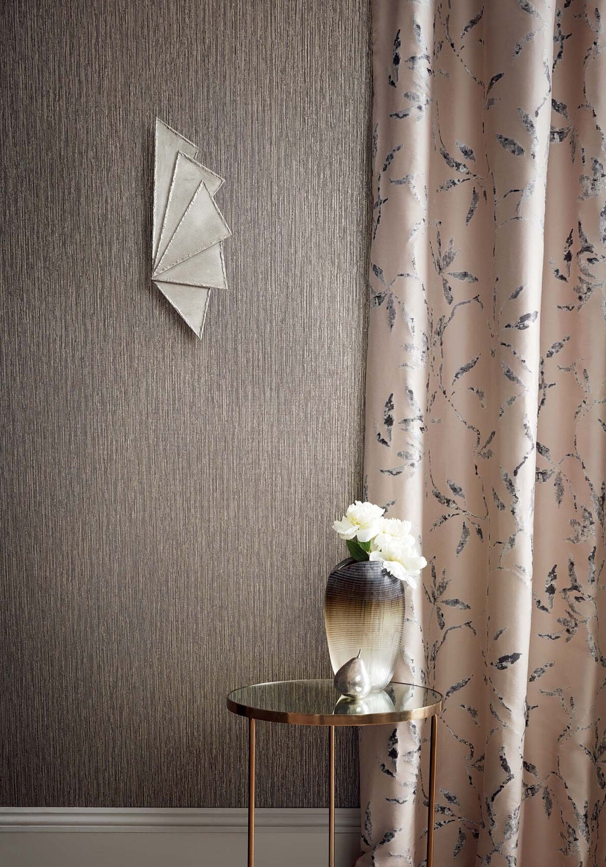 Striato wallpaper by Romo in Beige, styled room shot 2