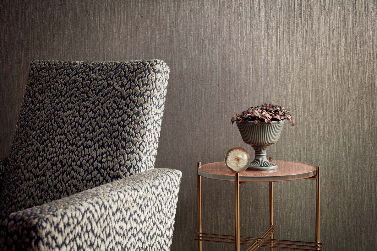 Striato wallpaper by Romo in Beige, styled room shot