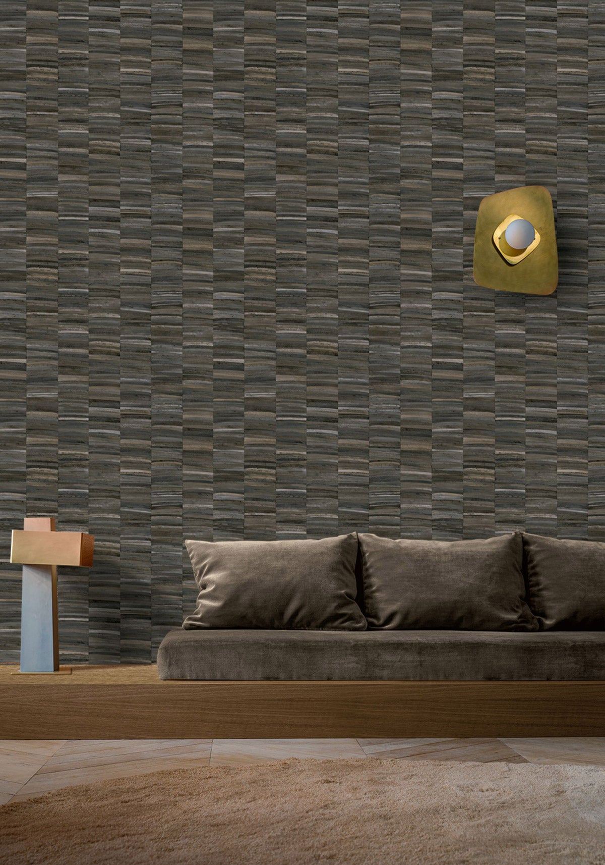 Stylosa wallpaper by Casamance in Grey – Charcoal, styled room shot