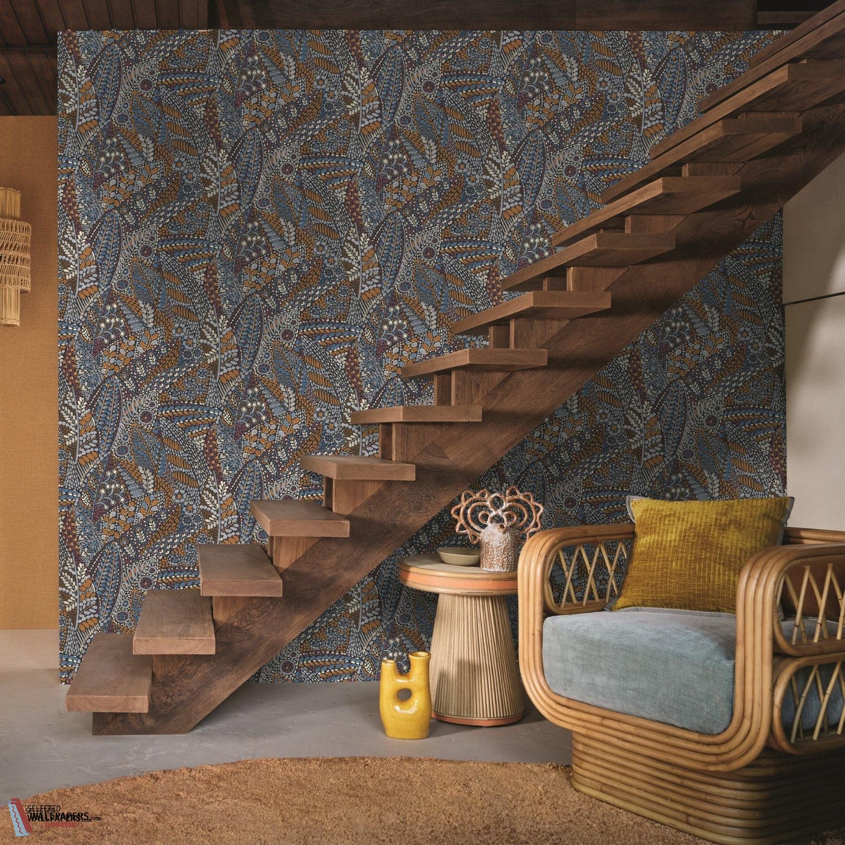 Talavera wallpaper by Casamance in Blue – Navy & Ochre, styled room shot
