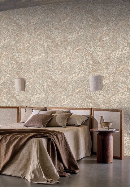 Talavera wallpaper by Casamance in Brown – Chestnut, styled room shot