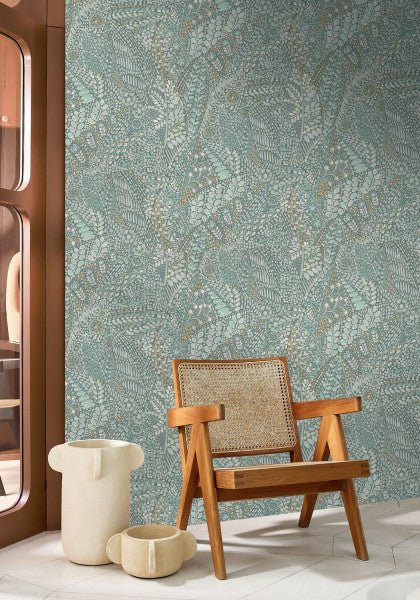 Talavera wallpaper by Casamance in Green – Celadon & Almond, styled room shot