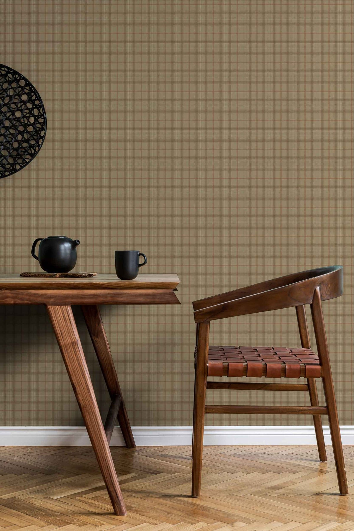 Tartan Check wallpaper by Coordonné in Brown, styled room
