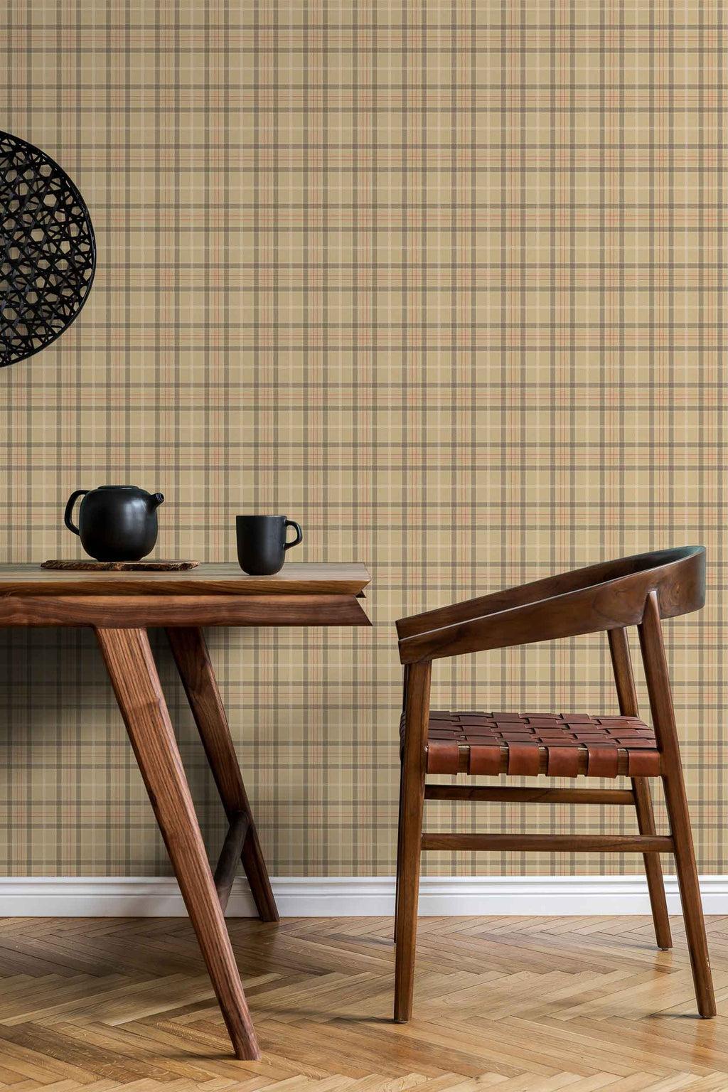Tartan Check wallpaper by Coordonné in Beige – Camel, styled room