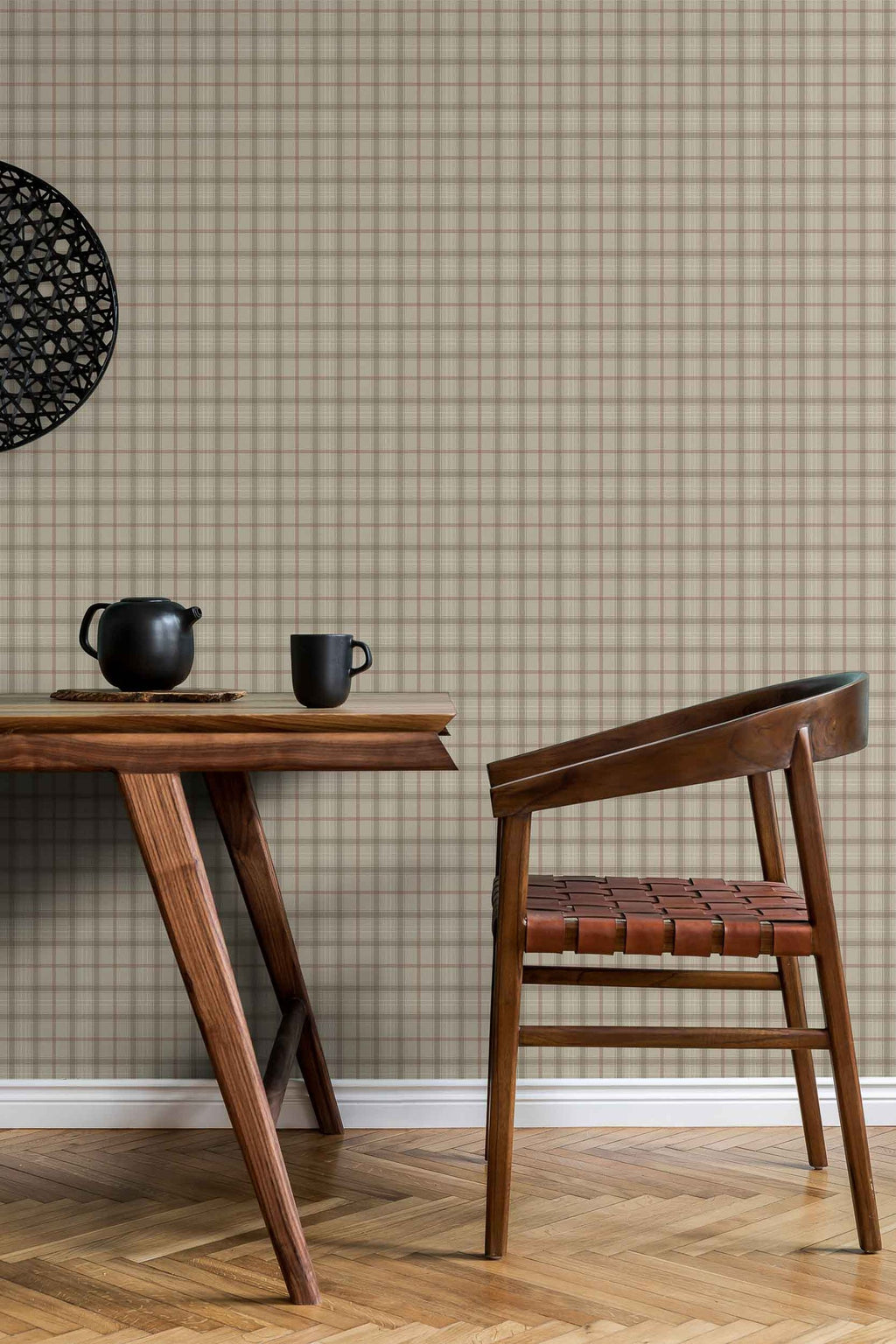 Tartan Check wallpaper by Coordonné in Beige – Stone, styled room
