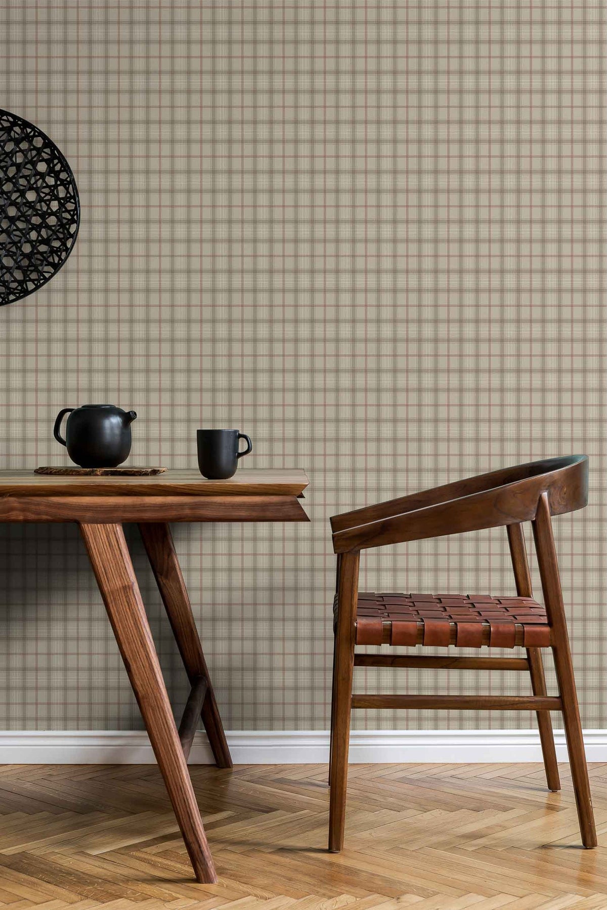 Tartan Check wallpaper by Coordonné in Beige – Stone, styled room