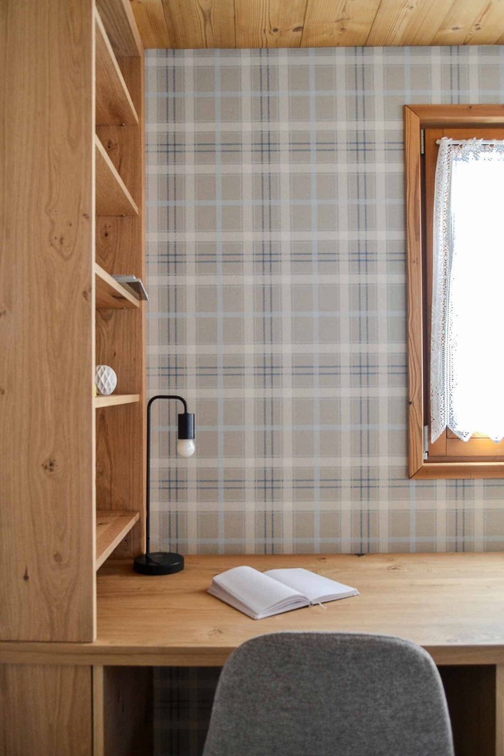 Tartan Check wallpaper by Coordonné in Grey – Pearl, styled room