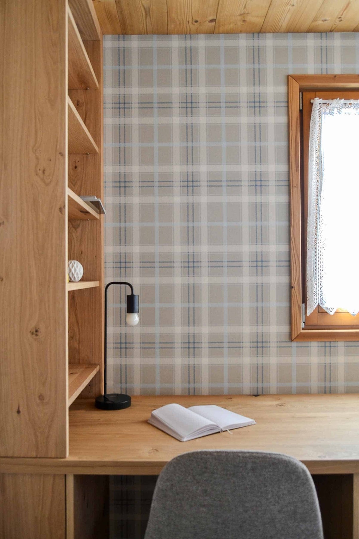 Tartan Check wallpaper by Coordonné in Grey – Pearl, styled room