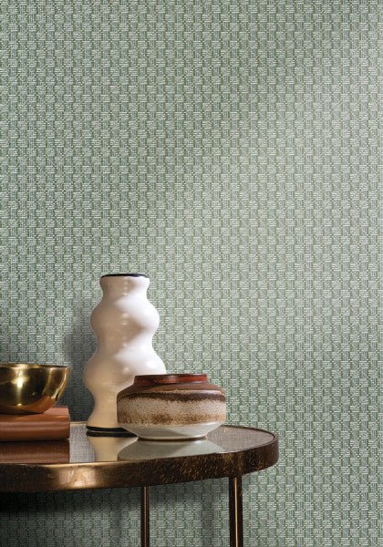 Trenza wallpaper by Casamance in Green – Verdigris, styled room shot