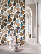 Vallauris wallpaper by Casamance in Brown – Camel & Navy, styled room shot