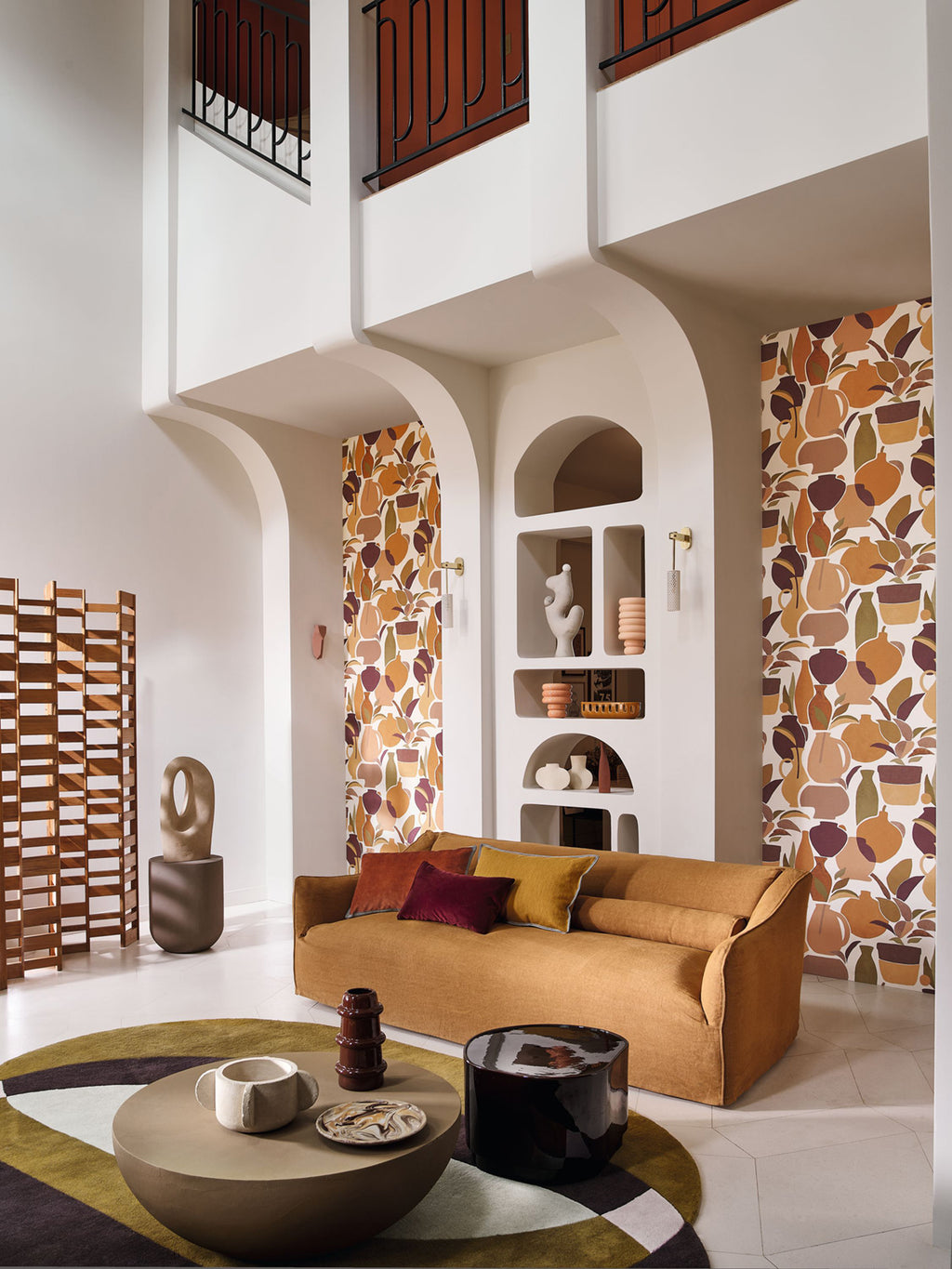 Vallauris wallpaper by Casamance in Orange – Sienna & Nude, styled room shot