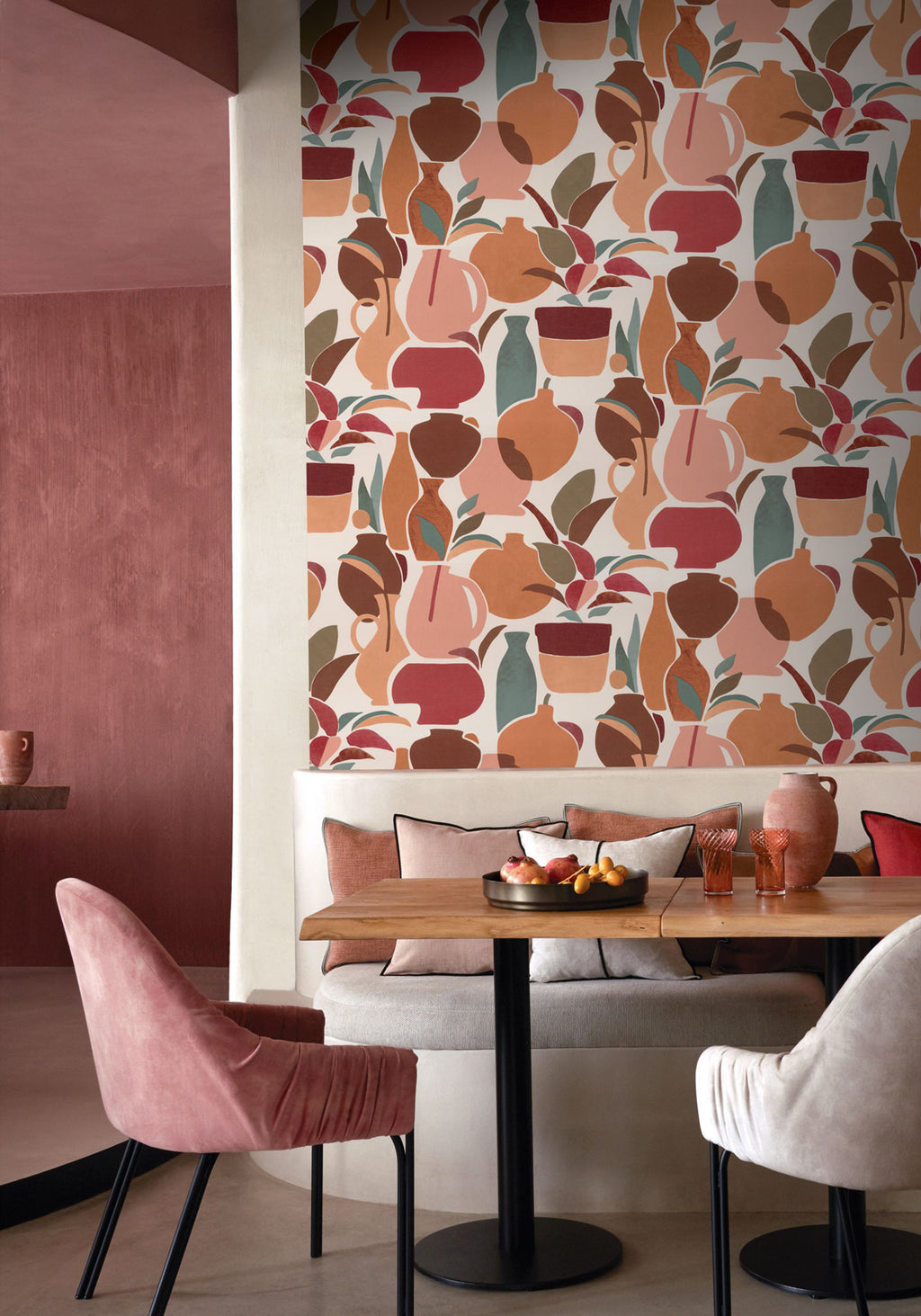 Vallauris wallpaper by Casamance in Red – Garnet & Orange, styled room shot