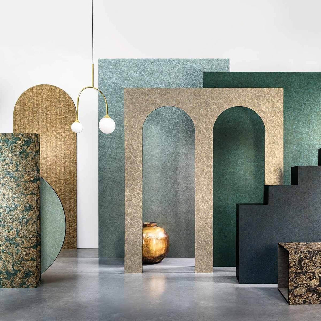 Venetie wallpaper by Casamance in Black – Gold, styled room shot