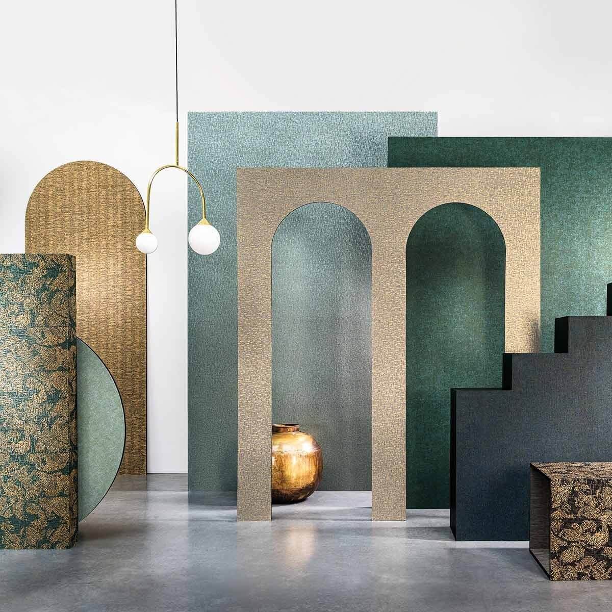 Venetie wallpaper by Casamance in Black – Gold, styled room shot