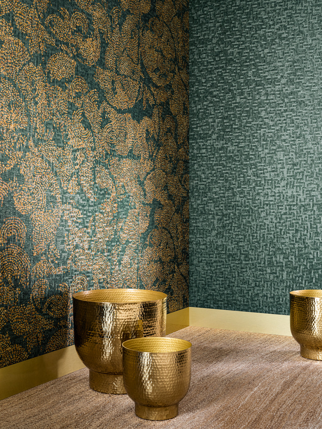 Venetie wallpaper by Casamance in Green – Emerald & Gold, styled room shot