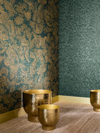 Venetie wallpaper by Casamance in Green – Emerald & Gold, styled room shot